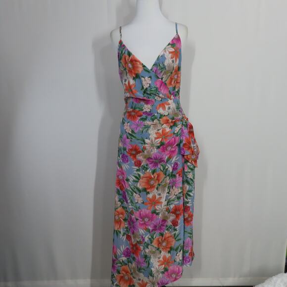 YUMI KIM Floral Oahu Chambray Bond Street V-neck Asymmetrical Hem Dress Small - Picture 1 of 10